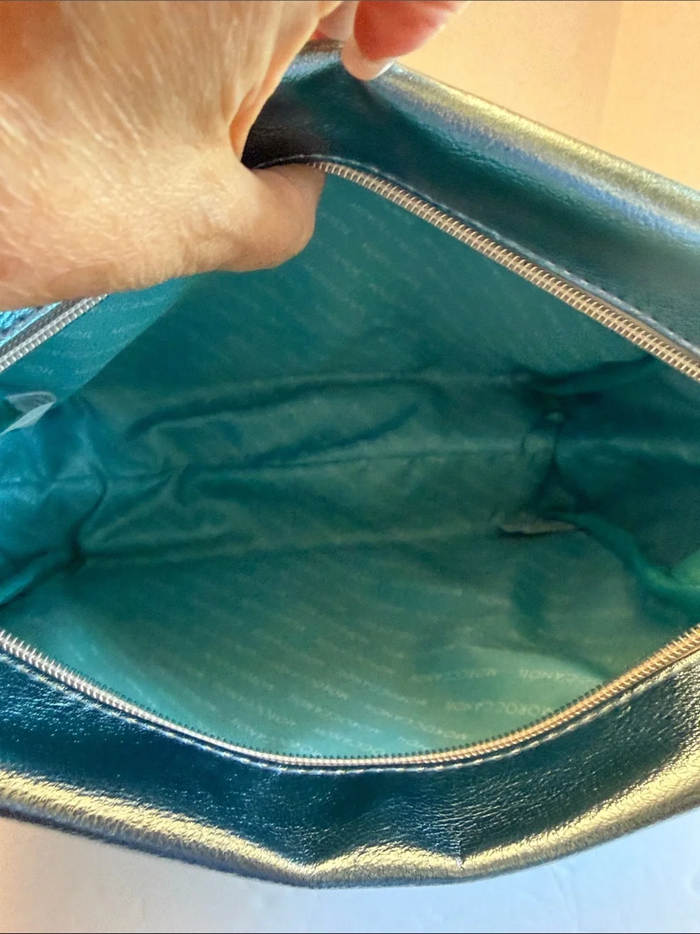 Moroccanoil Metallic Teal Makeup Pouch 9” x 7.5” x 4” Deep